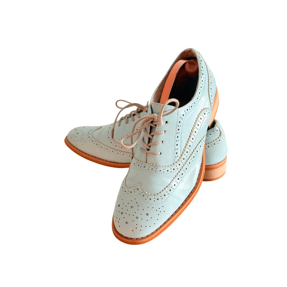Wanted Brogue Light Blue Faux Leather Oxford Shoes Wingtip Size 8.5 Lace up